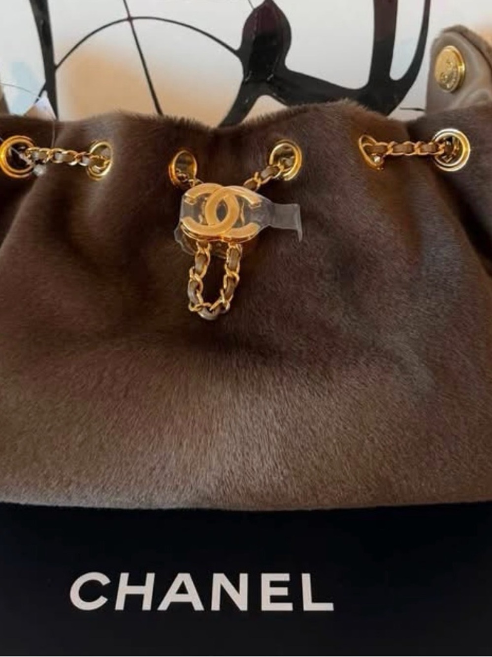 Authentic CHANEL Brown pony hair mini 25 Gold Chain CC